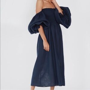 Sleeper Atlanta Linen Midi Dress Navy M Off Shoulder Cottagecore Boho Romantic